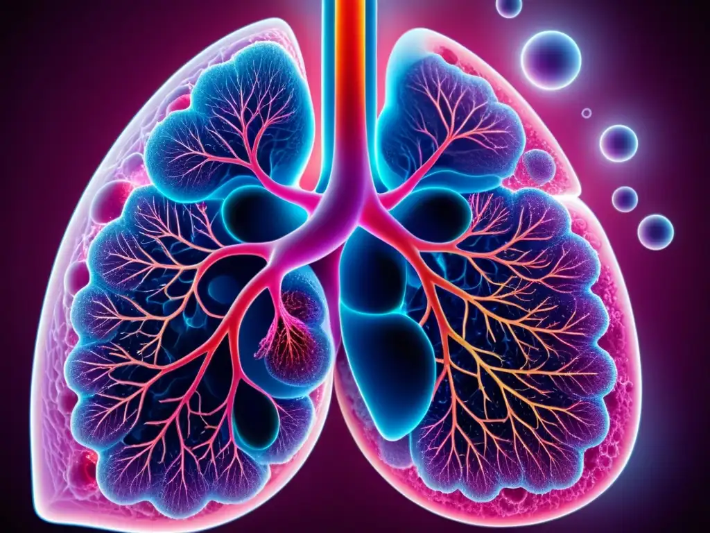 Un par de pulmones humanos saludables, rosados y brillantes, con todos sus alvéolos y capilares en una claridad asombrosa