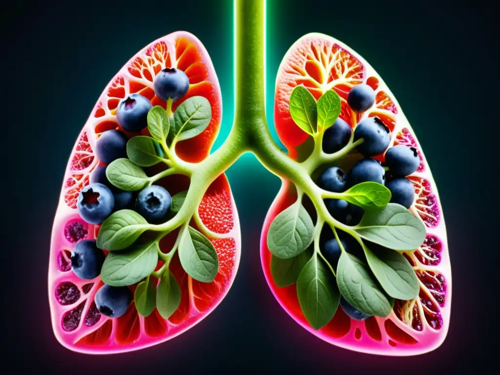 Un par de pulmones saludables rodeados de antioxidantes vibrantes como arándanos, espinacas y té verde