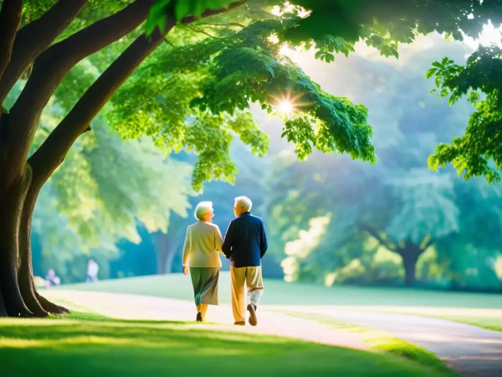 Una pareja de ancianos disfrutando de un paseo relajado en un parque verde y exuberante, irradiando vitalidad y alegría