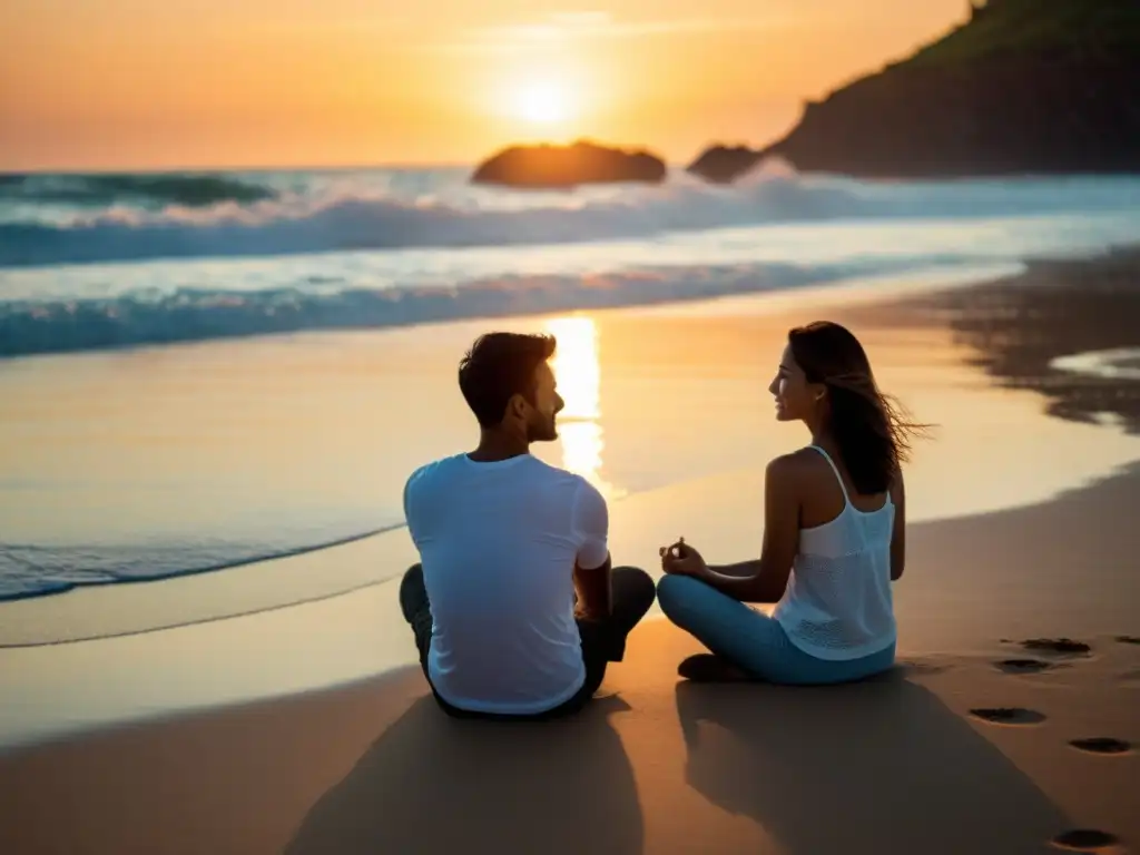 Una pareja practica respiración consciente en una playa al atardecer, reflejando transformación emocional y conexión en terapia de pareja