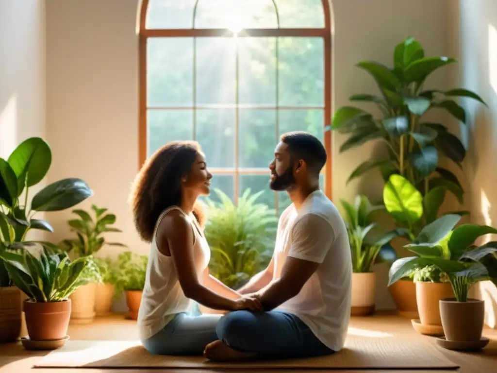 Una pareja practica respiración consciente en terapia de pareja en una habitación tranquila y soleada llena de plantas