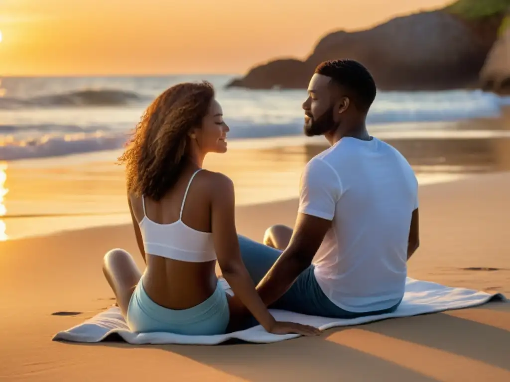 Una pareja practica respiración consciente en terapia de pareja en la playa al atardecer, con una atmósfera tranquila y conexión evidente