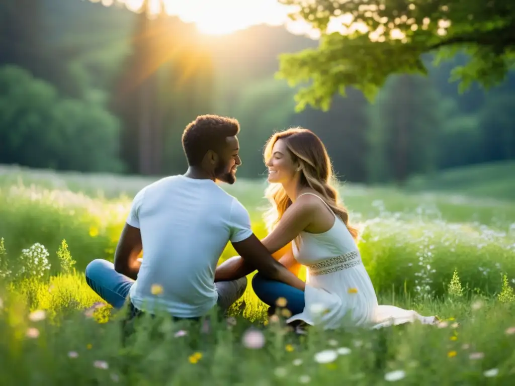 Una pareja practica respiración consciente en terapia de pareja en un prado florido, transmitiendo calma y conexión en armonía con la naturaleza