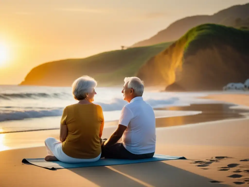 Una pareja mayor realiza ejercicios de respiración en la playa al atardecer, destacando la importancia de la capacidad respiratoria en la vejez