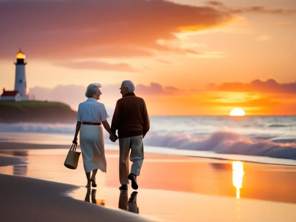 Una pareja mayor camina tomada de la mano en una playa tranquila al atardecer, con olas suaves y un faro al fondo