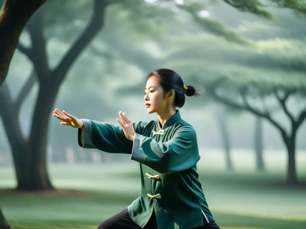 Práctica de tai chi al amanecer en un parque sereno, expresando concentración y serenidad