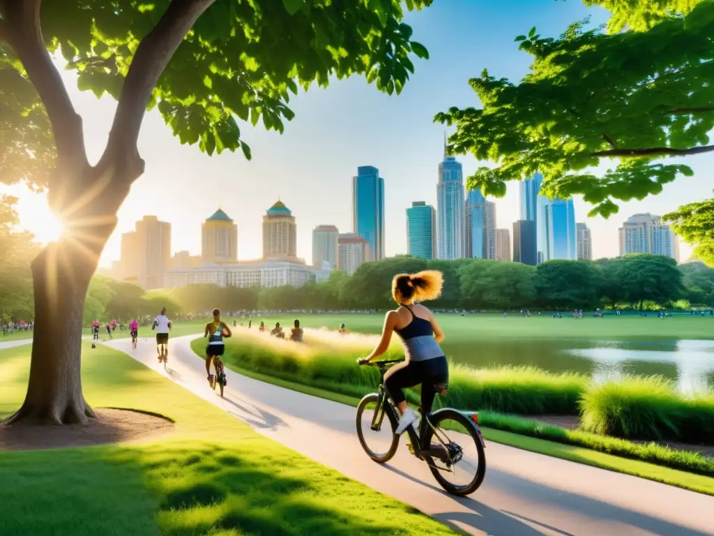 Un parque urbano exuberante bañado en luz dorada con personas haciendo ejercicio al aire libre