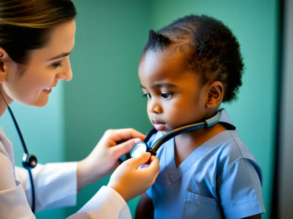 Pediatra atento examina con estetoscopio el pecho de paciente joven, destacando diagnóstico temprano enfermedades respiratorias pediátricas