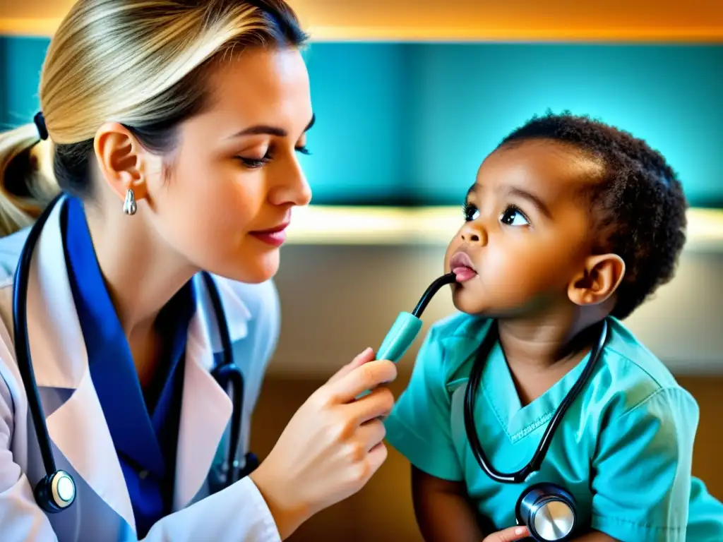 Un pediatra examina con un estetoscopio el sistema respiratorio de un niño, transmitiendo calidez y profesionalismo