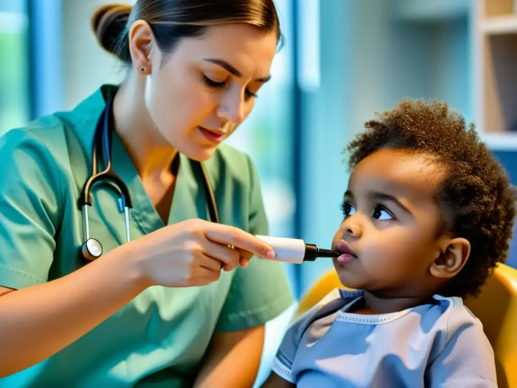 Pediatra examinando cuidadosamente a un niño en busca de síntomas de rinitis alérgica, en una consulta médica moderna