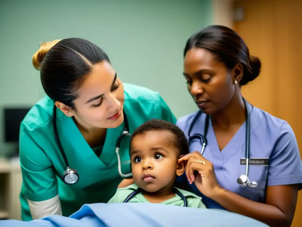 Pediatra examina con atención a niño mientras padres preocupados observan