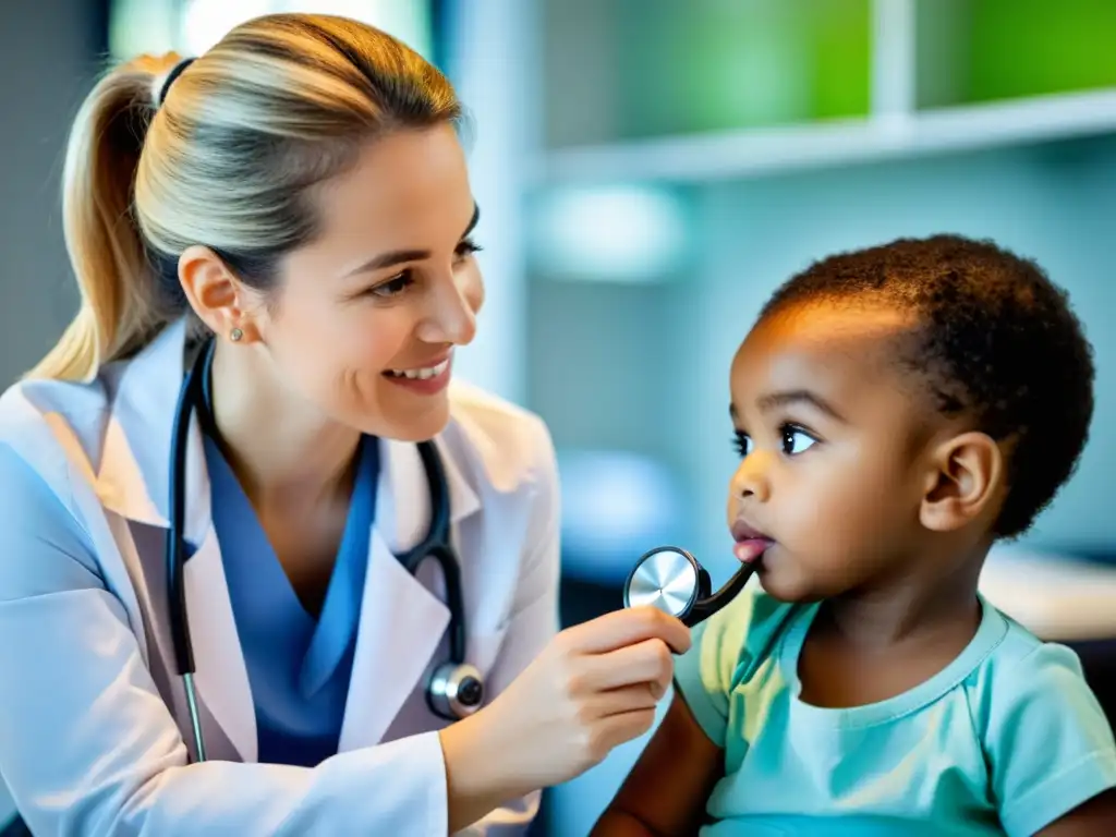 Un pediatra escucha la respiración de un niño con atención en una consulta médica moderna y bien iluminada