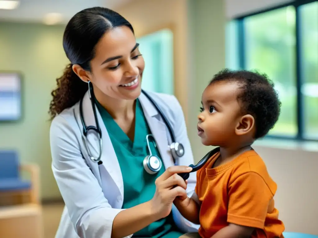 Pediatra escucha la respiración del niño con estetoscopio en clínica moderna