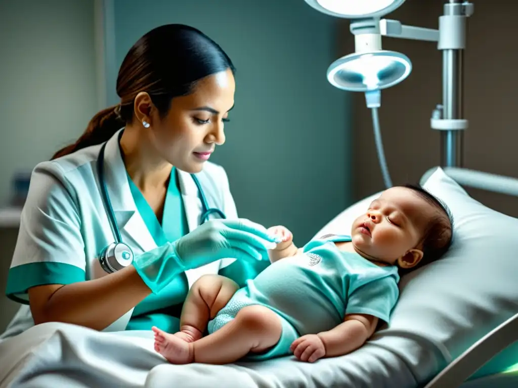 Pediatra demostrando tratamiento respiratorio a bebé con bronquiolitis en hospital estéril