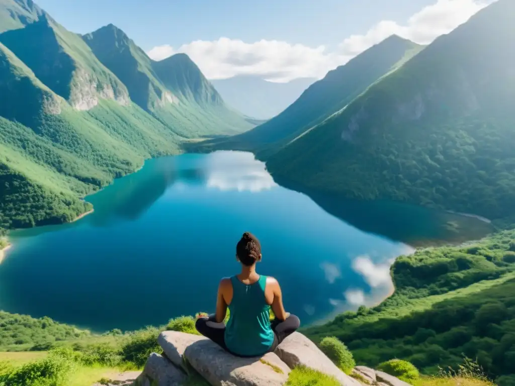 Persona meditando en un acantilado sobre un lago tranquilo rodeado de montañas verdes