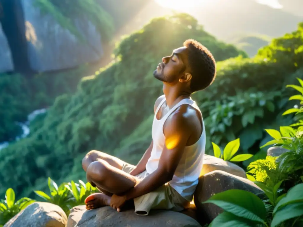 'Persona en meditación en un acantilado entre vegetación, recibiendo luz solar