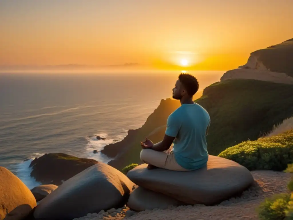 Una persona medita en un acantilado frente al mar, con ritmos respiratorios para meditación serena