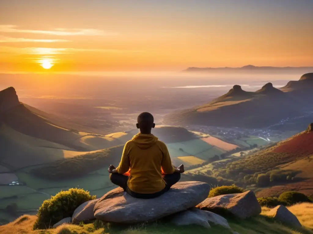 Persona meditando en acantilado al amanecer, conectando con el poder del prana en respiración