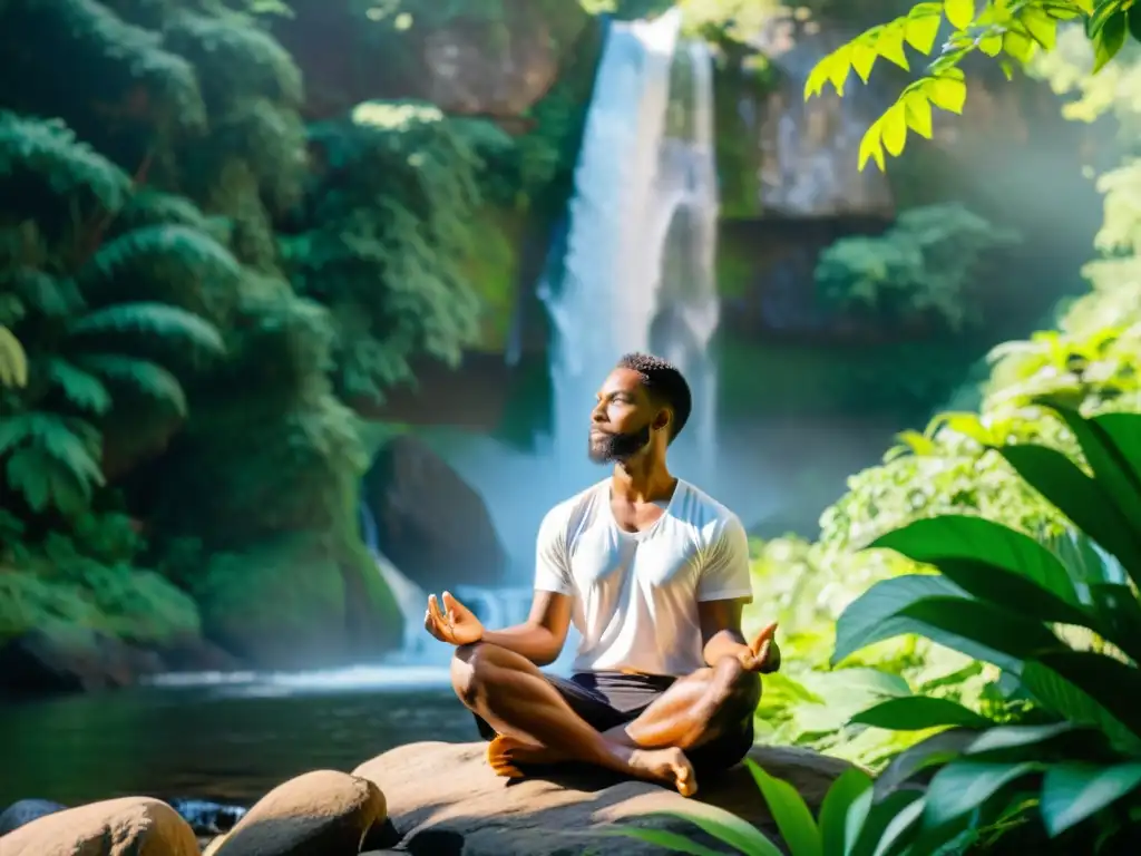 Persona meditando en un acantilado rocoso, rodeada de vegetación exuberante y una cascada, transmitiendo calma y paz interior