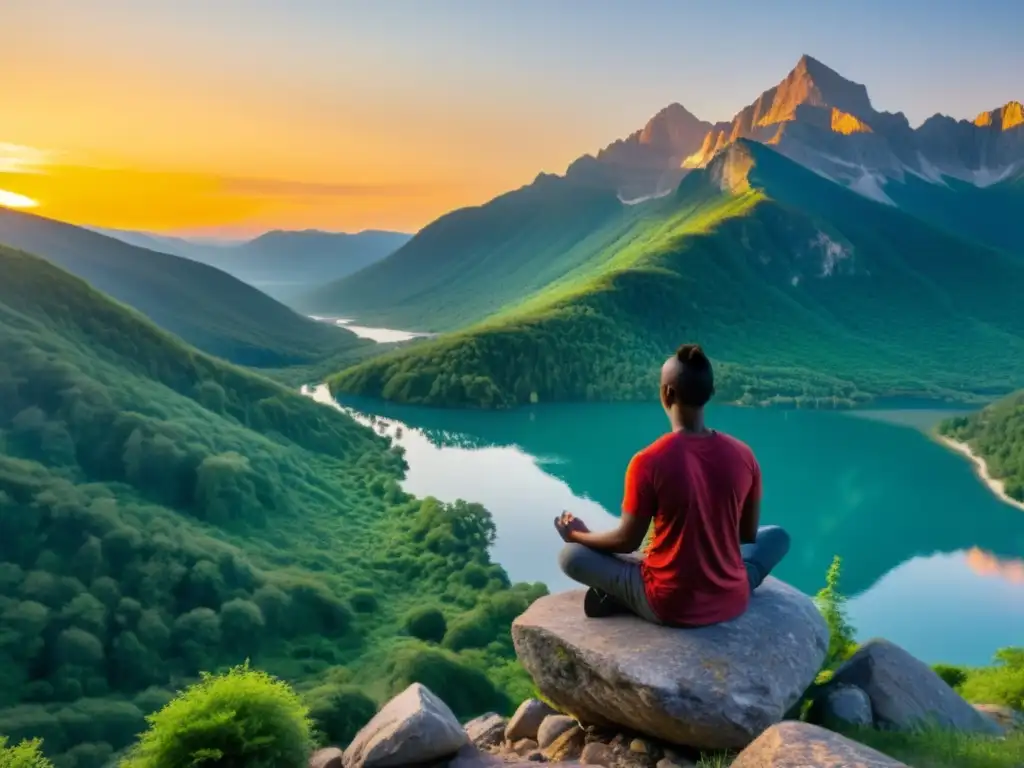 Persona meditando en un acantilado rocoso con vista a un lago tranquilo entre exuberante vegetación