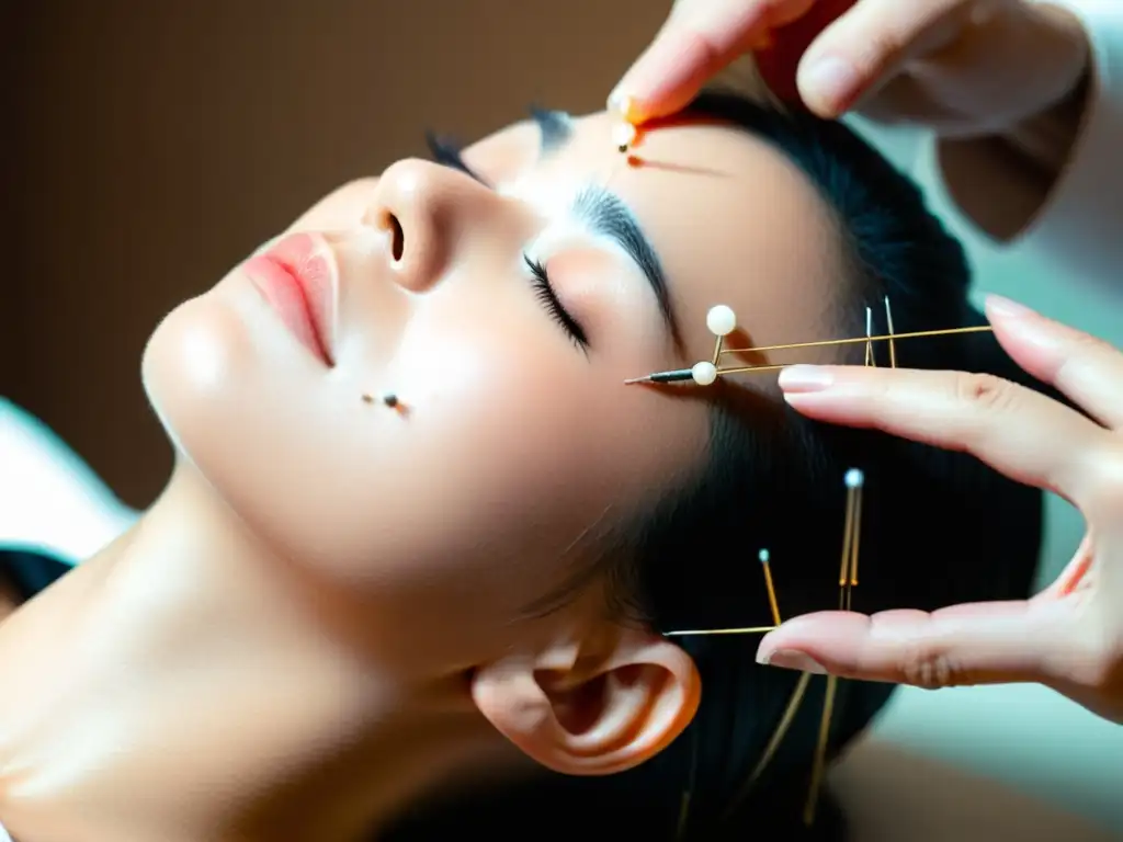 Acupuntura facial: alivio y relajación Una persona recibe acupuntura en la cara para aliviar congestión nasal, con un ambiente calmado y moderno