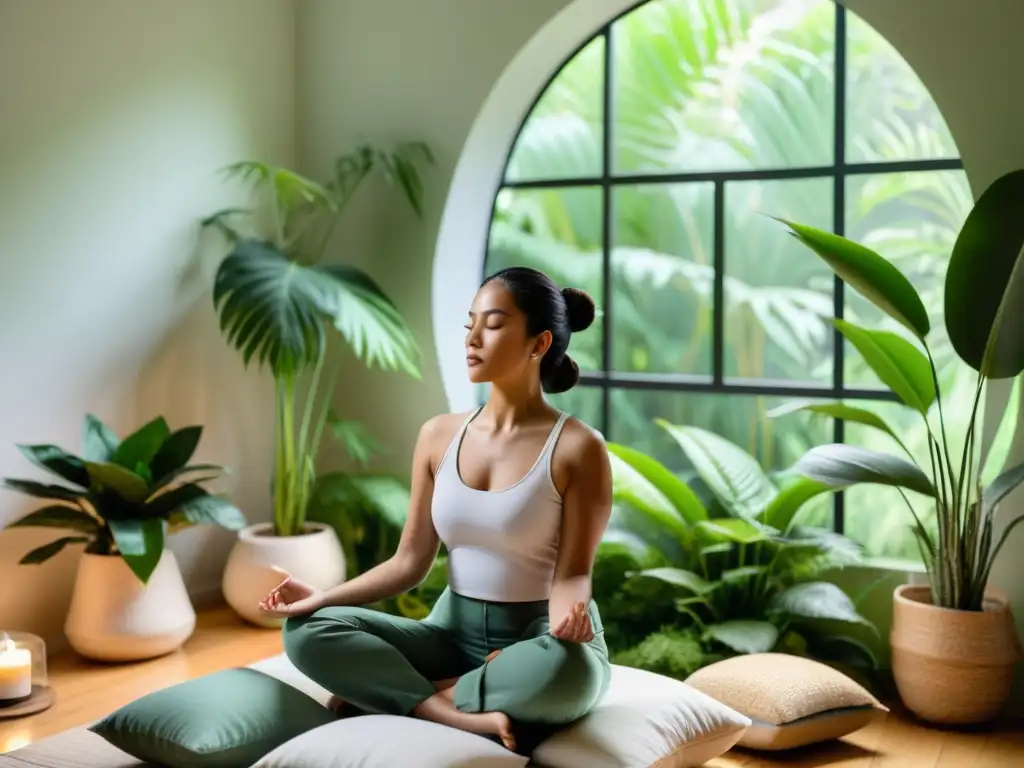 Persona practicando acupuntura y meditación en un espacio sereno, con iluminación natural y plantas verdes exuberantes