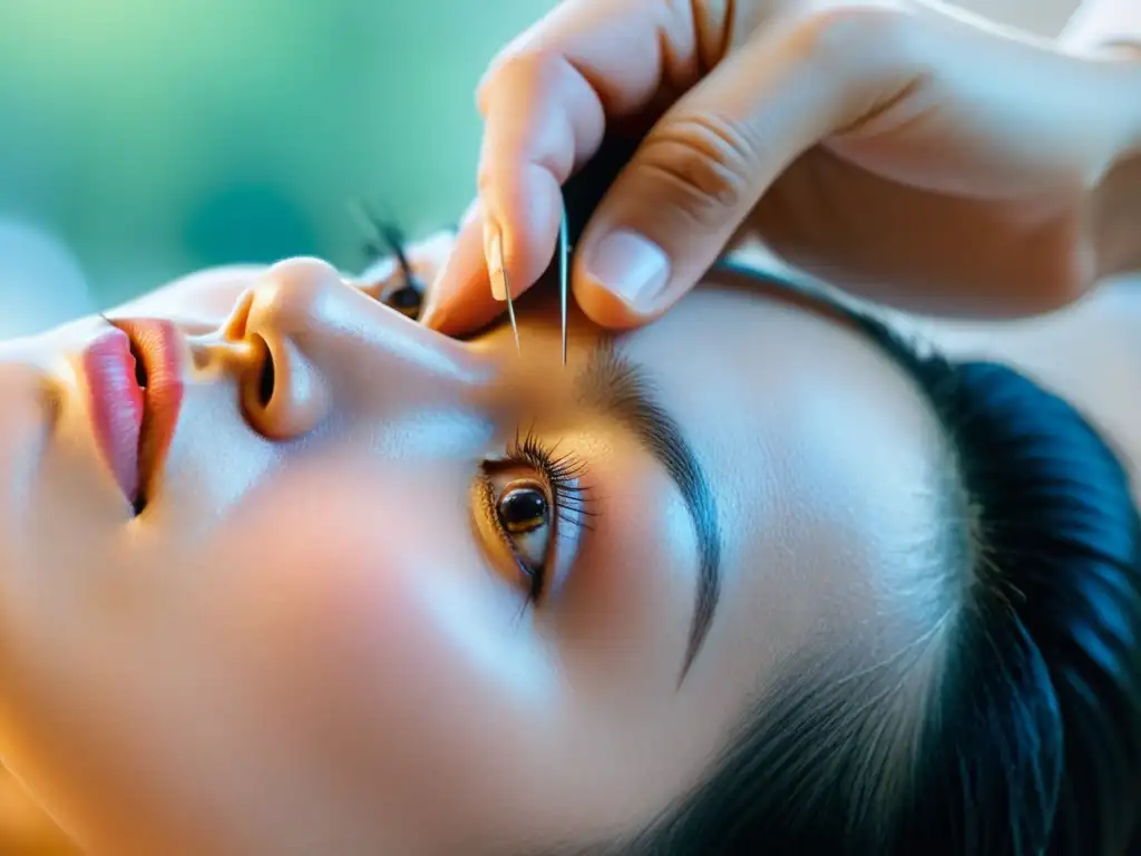 Acupuntura facial: alivio natural para congestión nasal Una persona recibe acupuntura facial para aliviar congestión nasal en un entorno tranquilo y profesional