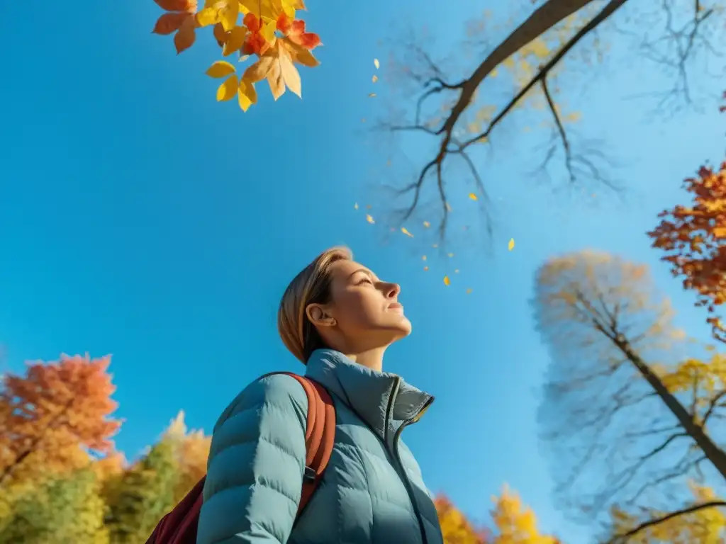 Persona respirando aire fresco en el bosque otoñal, ilustrando los efectos estacionales en la respiración