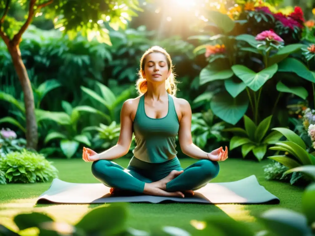 Una persona practica yoga al aire libre en un jardín exuberante con plantas vibrantes