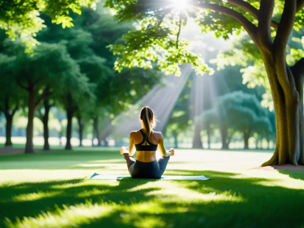 'Persona ejercitándose al aire libre en un parque verde, respirando profundamente