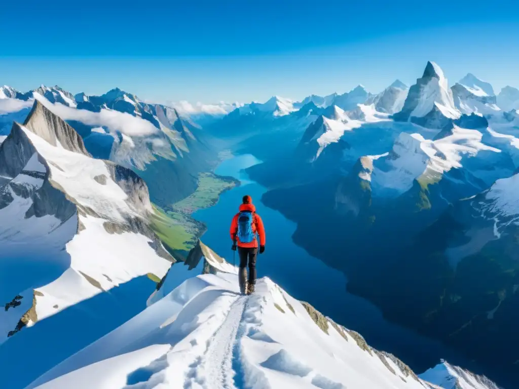 Persona disfrutando el alivio de la dificultad respiratoria en las tranquilas montañas de Suiza, rodeada de picos nevados y cielos despejados