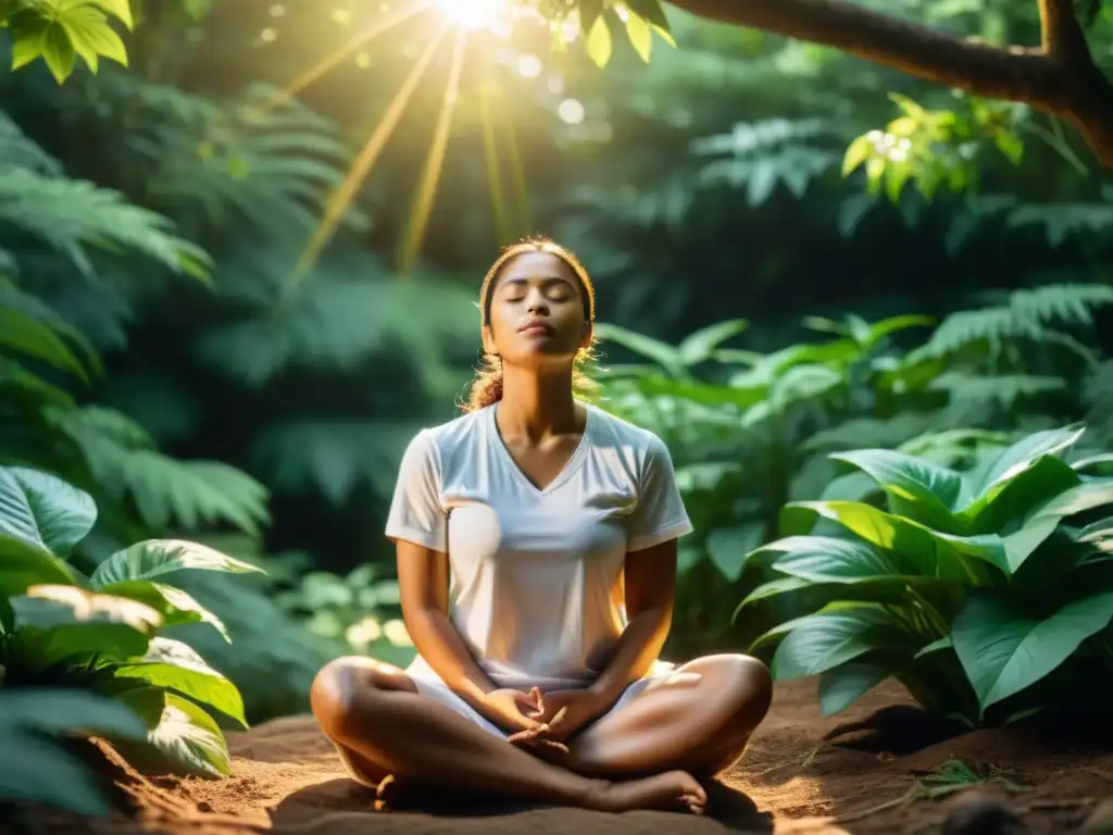 Persona practicando respiración alterna por la nariz en un entorno natural sereno, con luz cálida filtrándose entre la vegetación exuberante