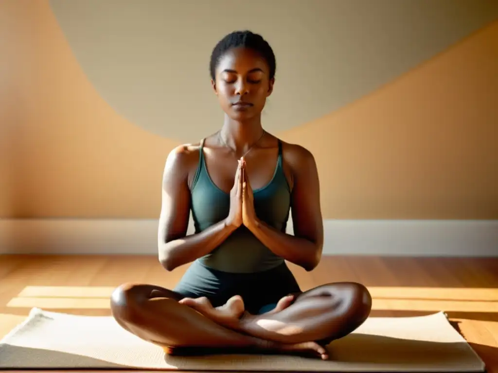 Persona practicando respiración alterna por la nariz en una habitación serena y soleada, transmitiendo paz y equilibrio interior