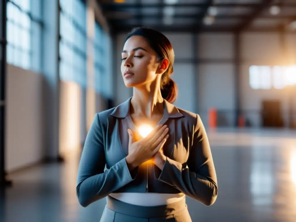 Persona en ambiente laboral amplio y luminoso practicando ejercicios de respiración profunda