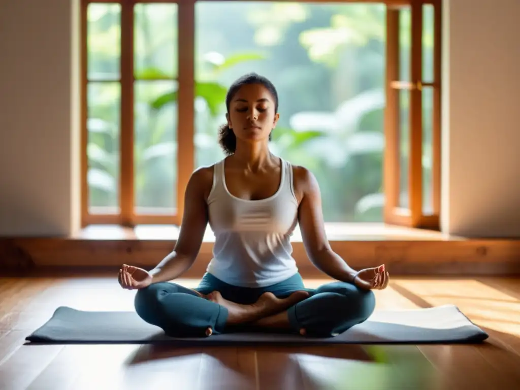 Persona meditando en ambiente sereno, focalizado en manos formando mudras y expresión tranquila