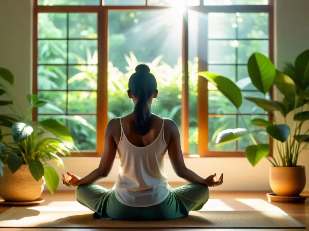 Persona meditando en un ambiente sereno y soleado, rodeada de plantas verdes