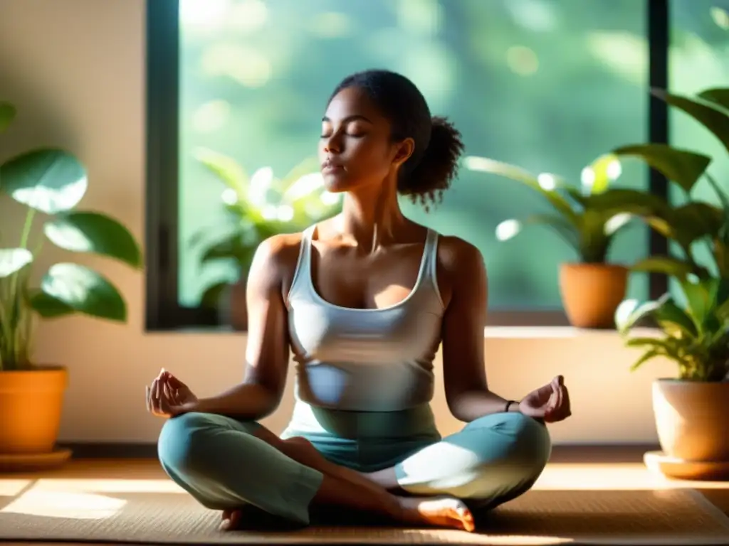 Meditación serena: persona en postura de loto, ojos cerrados Una persona medita en un ambiente tranquilo, con luz natural y plantas de interior, practicando la respiración consciente para mindfulness