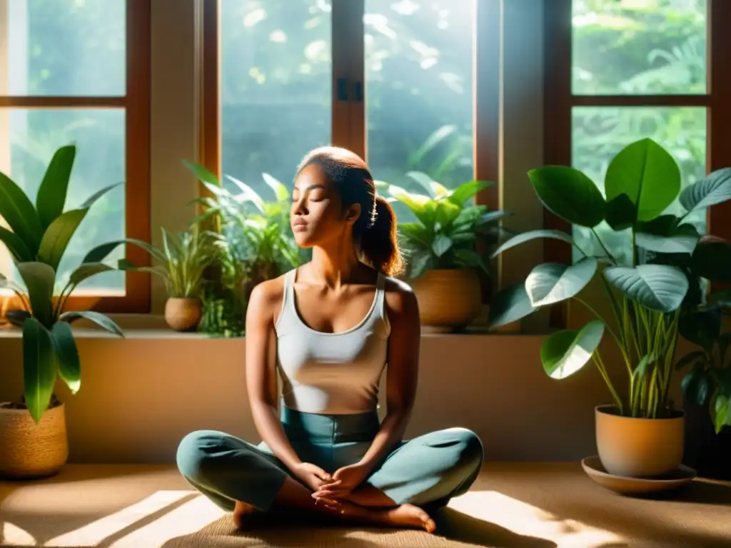 Persona meditando en un ambiente tranquilo con plantas