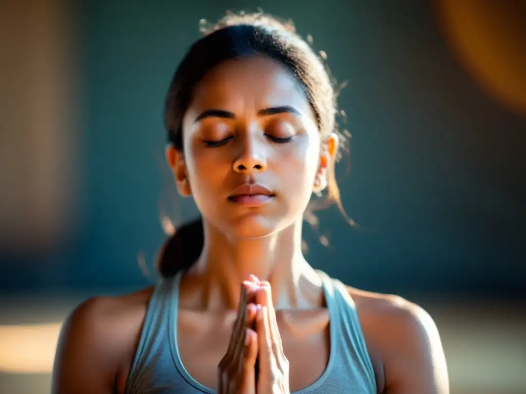 Una persona practica pranayama para reducir ansiedad, con postura serena y expresión tranquila en una atmósfera de calma y paz interior