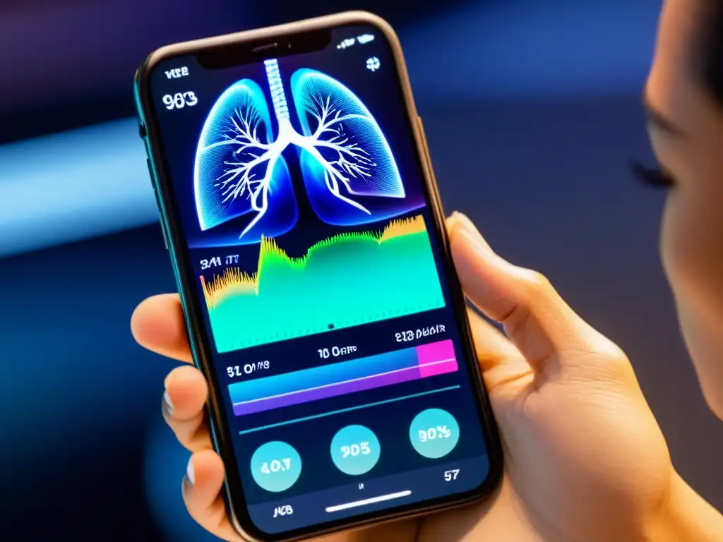 Una persona utiliza una aplicación de salud respiratoria en su smartphone moderno, mostrando métricas vibrantes de salud pulmonar