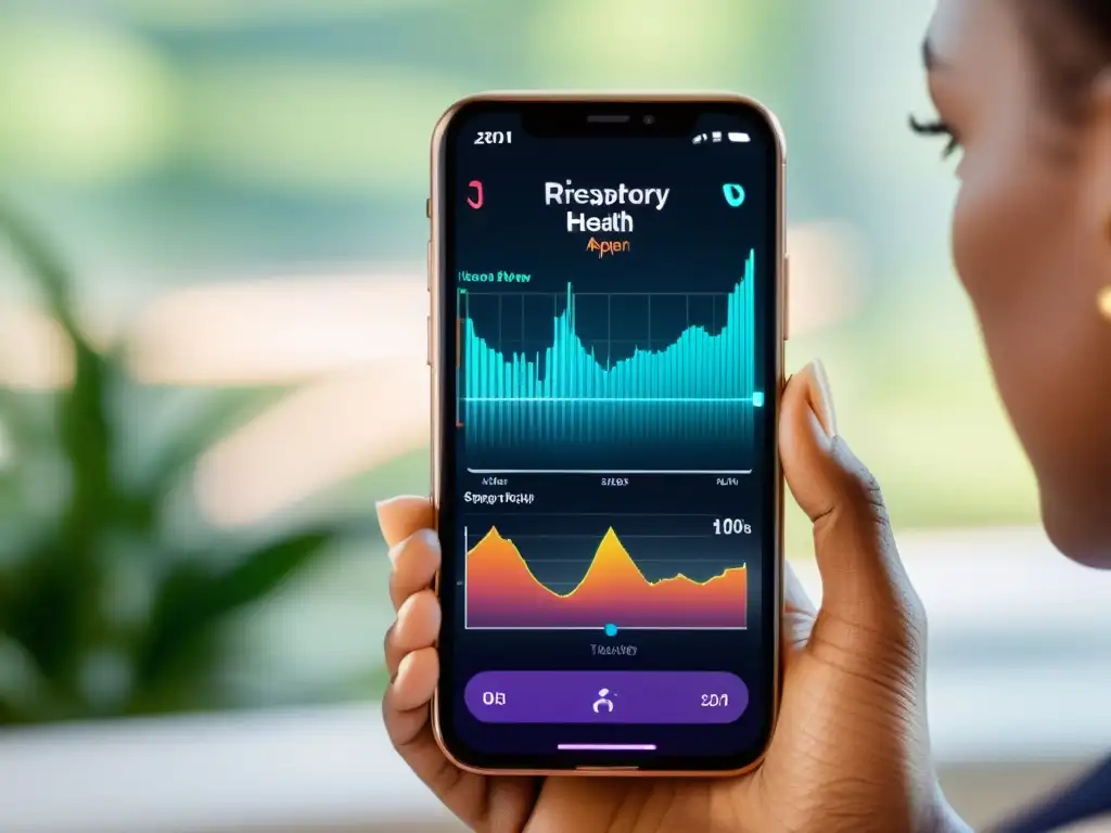 Persona usando una aplicación de salud respiratoria en un smartphone moderno, mostrando mejoras en la salud respiratoria