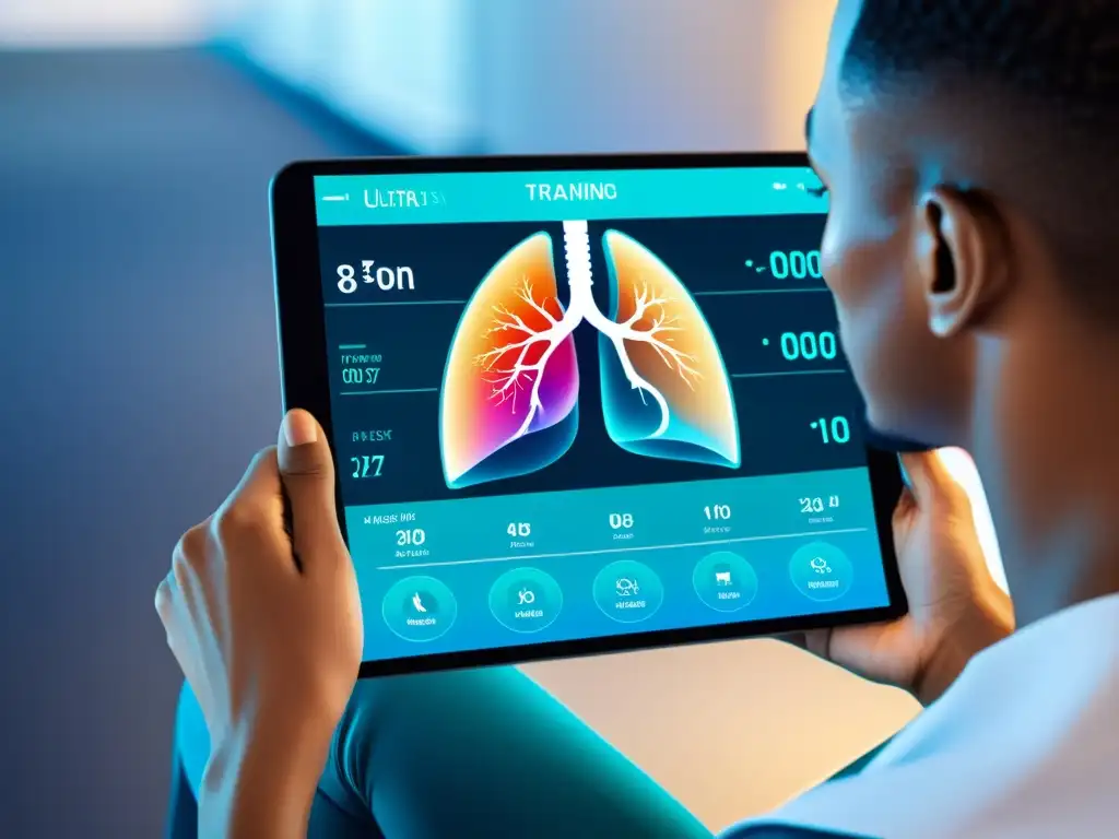 Persona utilizando una app de entrenamiento de capacidad pulmonar en un dispositivo moderno, con colores vibrantes y efectos visuales de alta tecnología, mostrando la futurista y moderna aplicación para mejorar la capacidad pulmonar