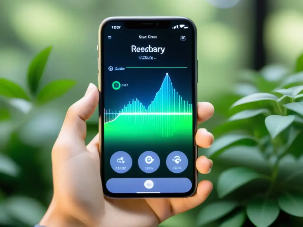 Una persona usa una app de biofeedback respiratorio en un ambiente tranquilo con iluminación suave y vegetación