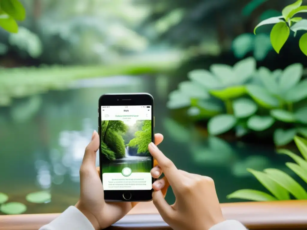 Persona usando apps de respiración para vida conectada en entorno natural sereno con vegetación exuberante y agua fluente