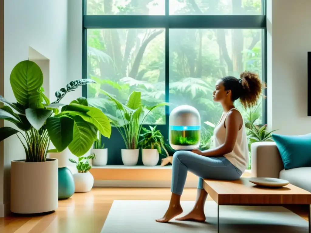 Persona con asma disfruta de un ambiente saludable con purificador de aire para asma en sala moderna y luminosa con plantas purificadoras de aire