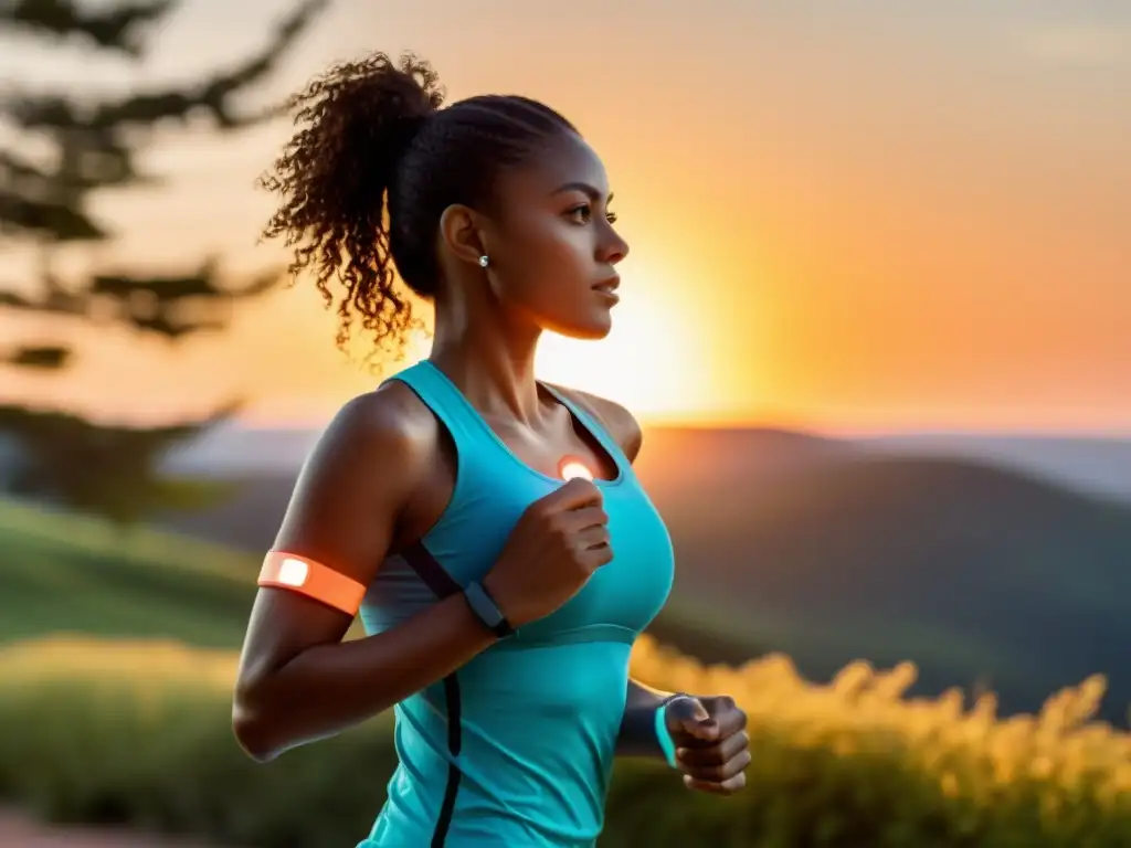 Una persona con asma utiliza un dispositivo wearable moderno para monitorear su salud respiratoria mientras hace ejercicio al aire libre al atardecer