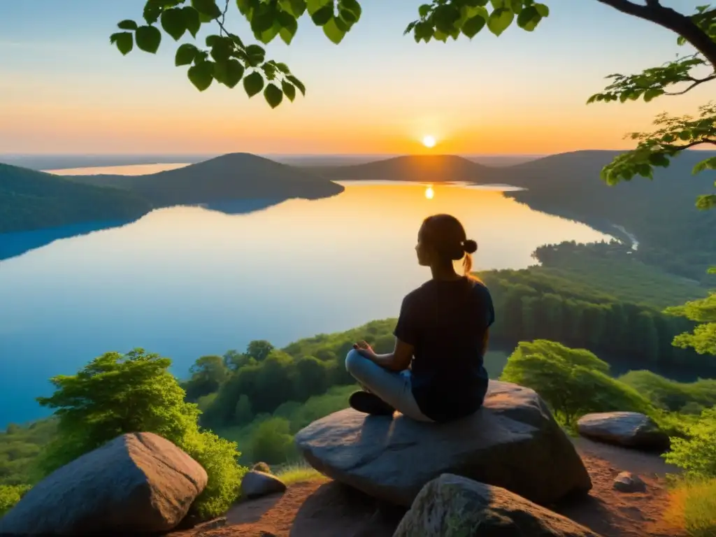 Persona medita al atardecer sobre un acantilado, frente a un lago sereno