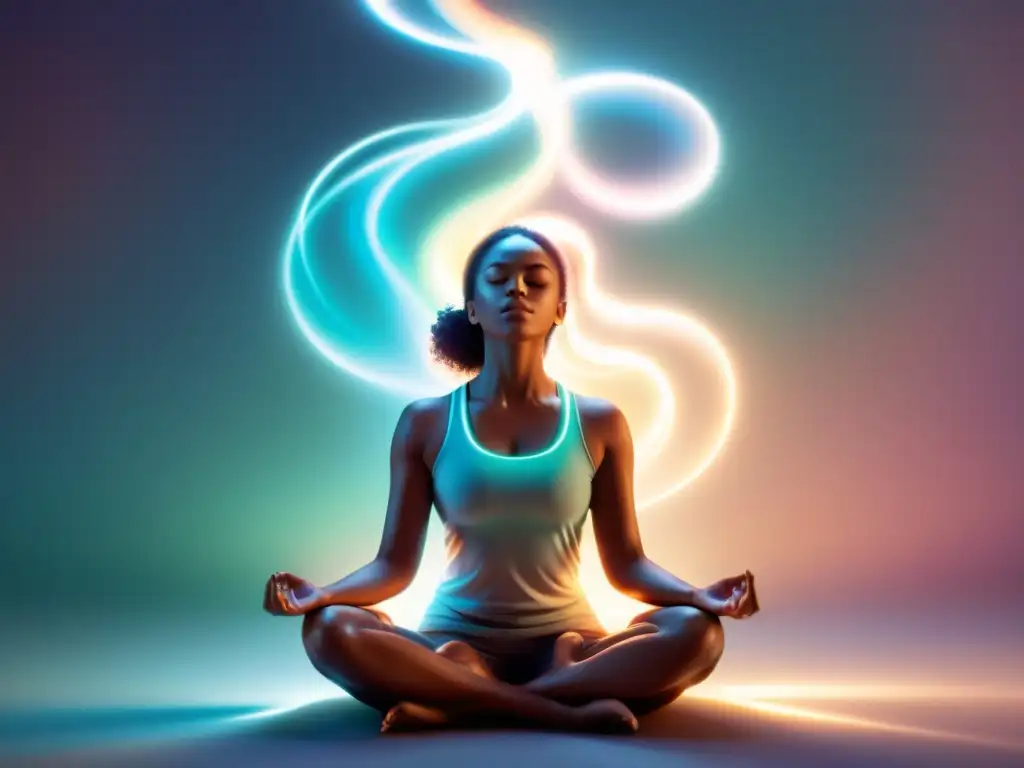 Persona meditando con aura de luz, respirando profundamente