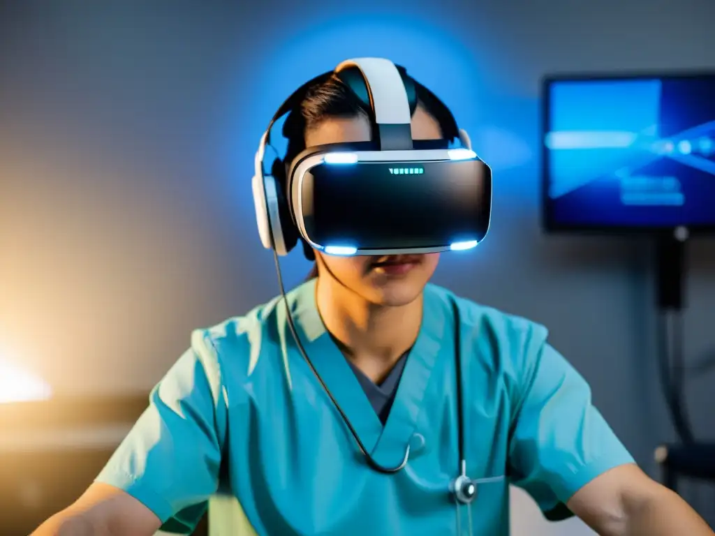 Persona usando auriculares de realidad virtual en rehabilitación pulmonar post COVID