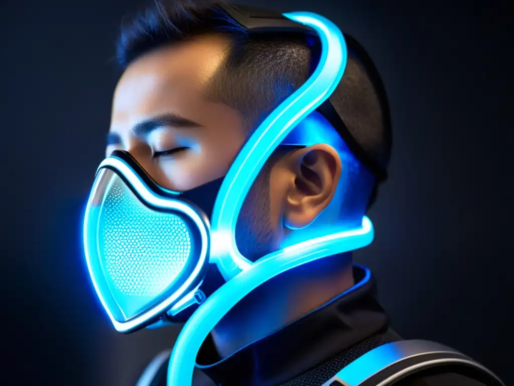 Persona usando un avanzado aparato respiratorio futurista, con luz azul, evolución técnicas respiración mercado